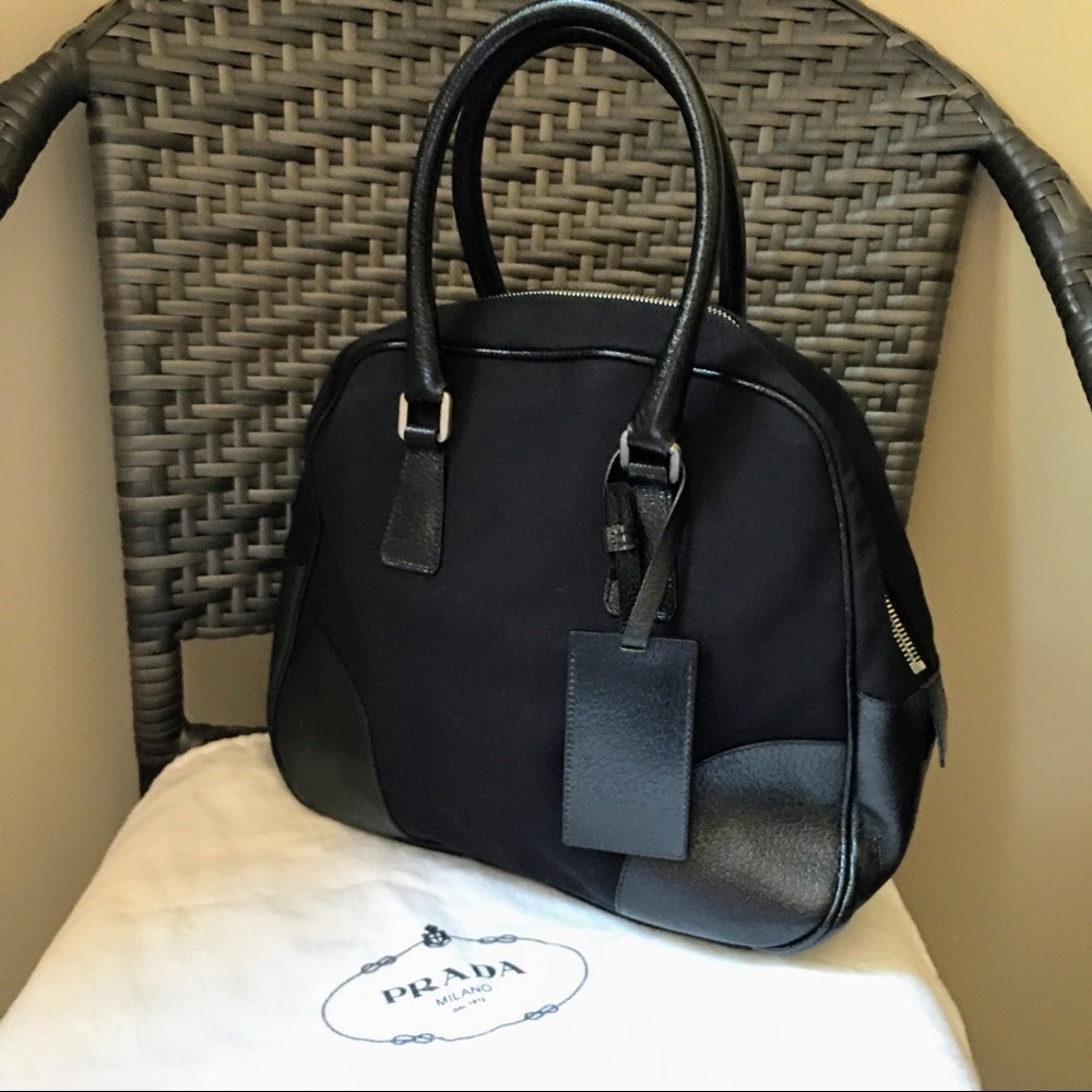 Authentic Prada black canvas bowler shoulder bag